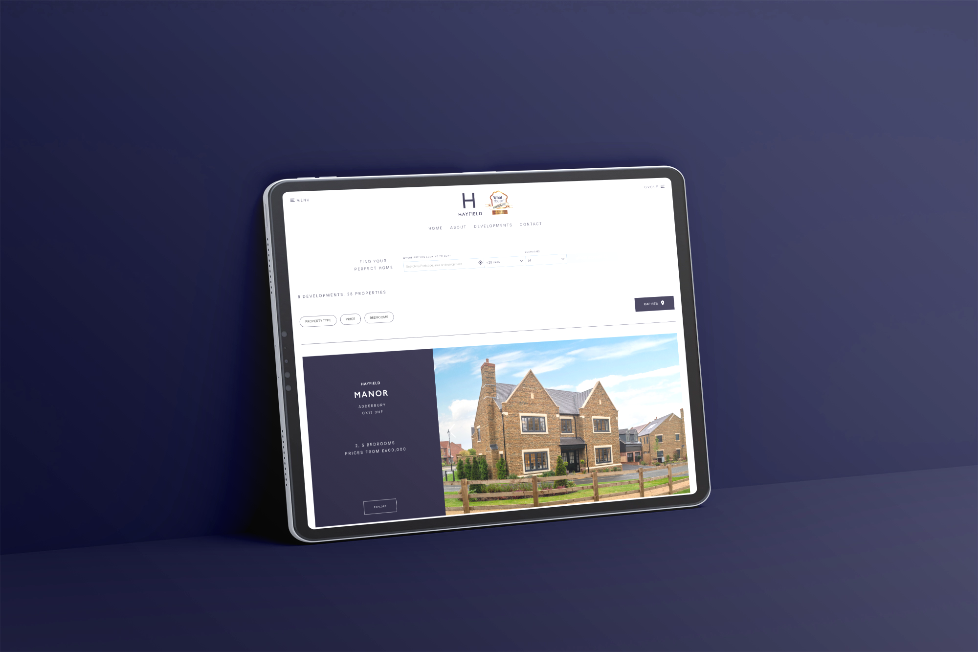 Hayfield homes website tablet